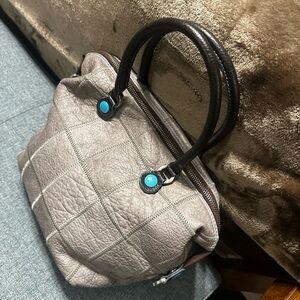 Latico Taupe Leather Satchel with Teal Accents
